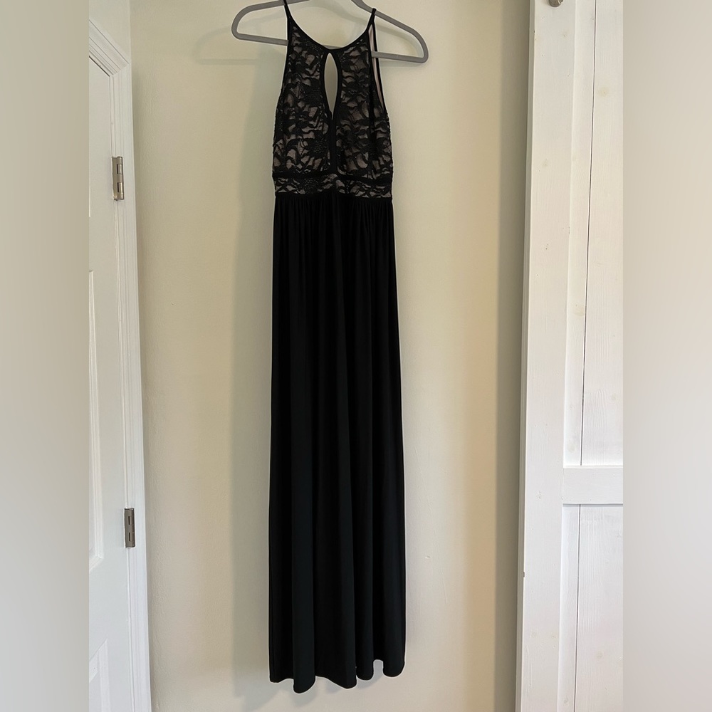 Morgan & Co formal lace top dress black and nude with sparkly part on the top.